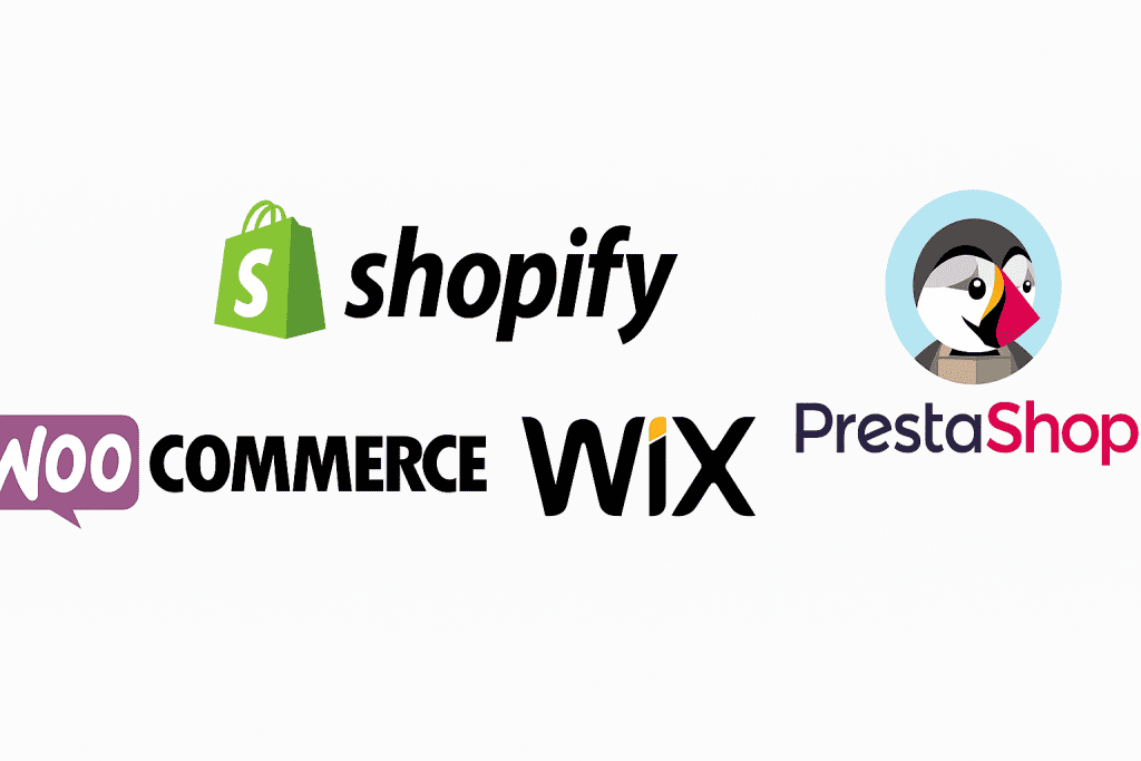 Logos WooCommerce, Shopify, Wix et PrestaShop – solutions e-commerce conformes aux lois françaises et européennes