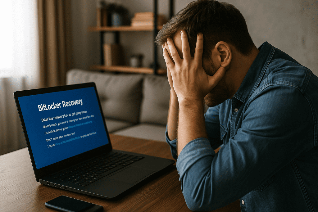 Homme stressé devant un ordinateur affichant l’écran de récupération BitLocker, incapable de saisir la clé de décryptage faute de connaître son mot de passe Microsoft, après mise à jour vers Windows 11.