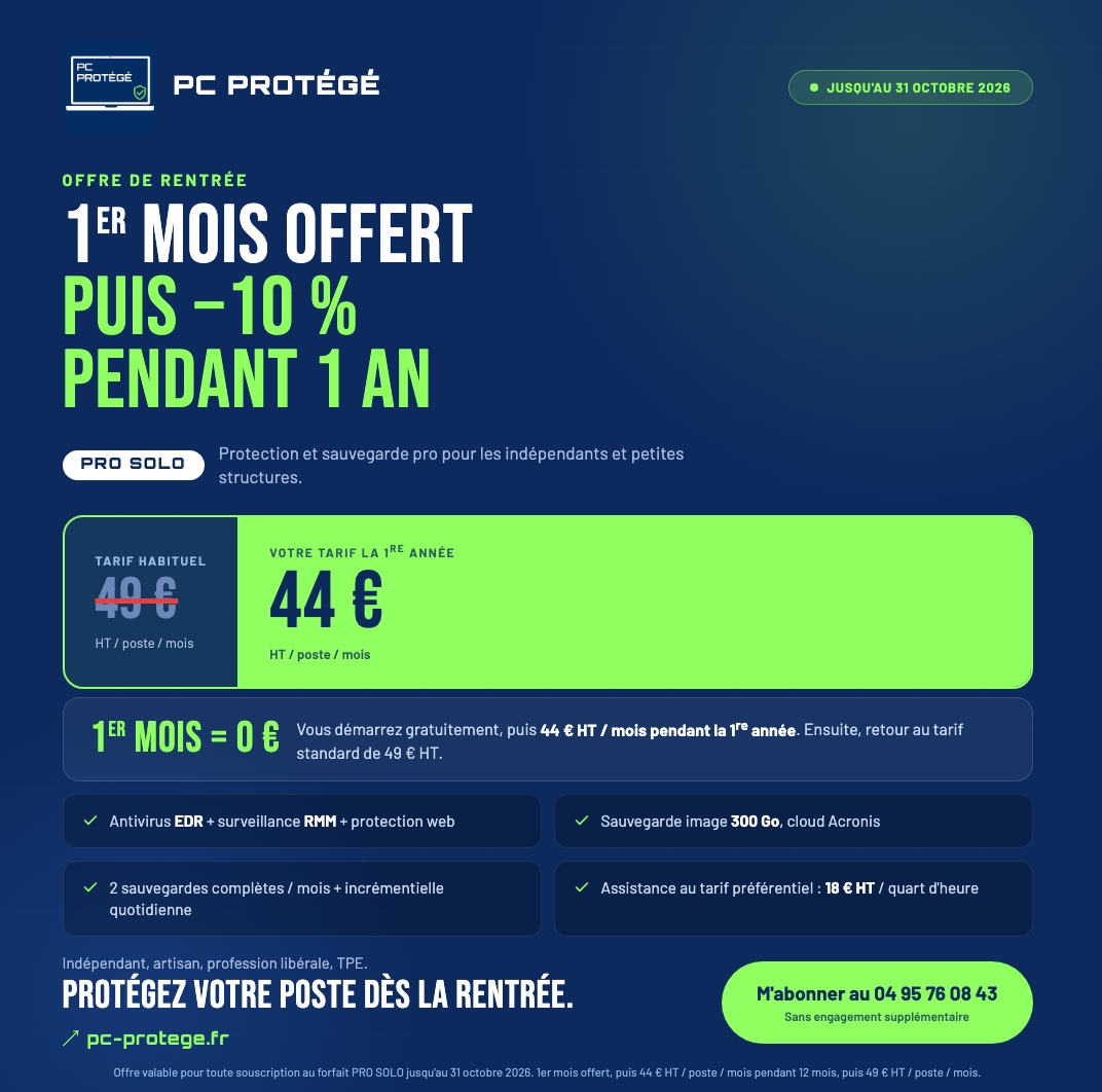 promo forfait PC PROTÉGÉ PRO SOLO jusqu'au 31 octobre 2026