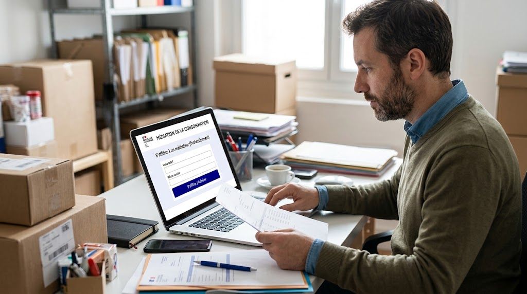 Un artisan assis à son bureau consulte sur son ordinateur portable une page d'adhésion à un médiateur de la consommation, des documents à la main, au milieu de cartons de marchandises